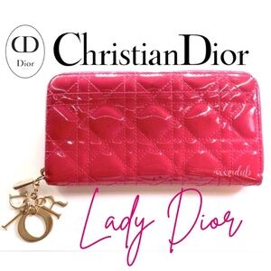 🩷 Lady Dior Christian Dior Cannage Pink Patent Leather Long Zippy Wallet Charm